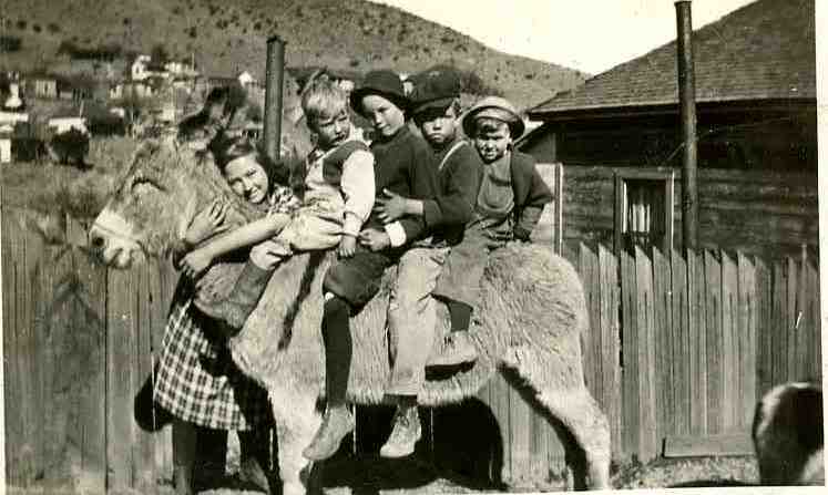 Four children sit atop a burro, while an older girl hugs the burrow's neck.