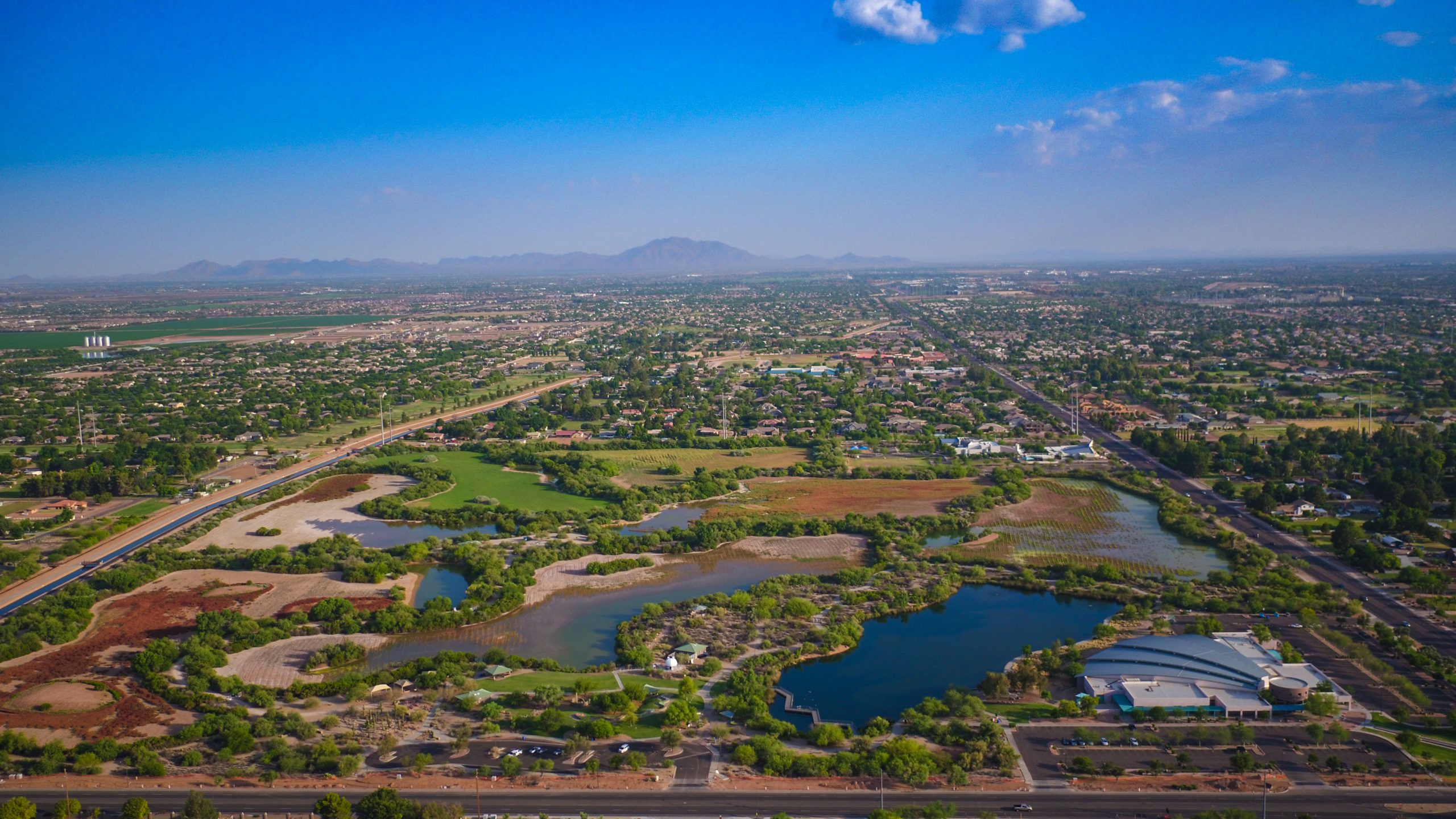 Aerial view of the Riparian Preserve at Water Ranch in Gilbert, Arizona.