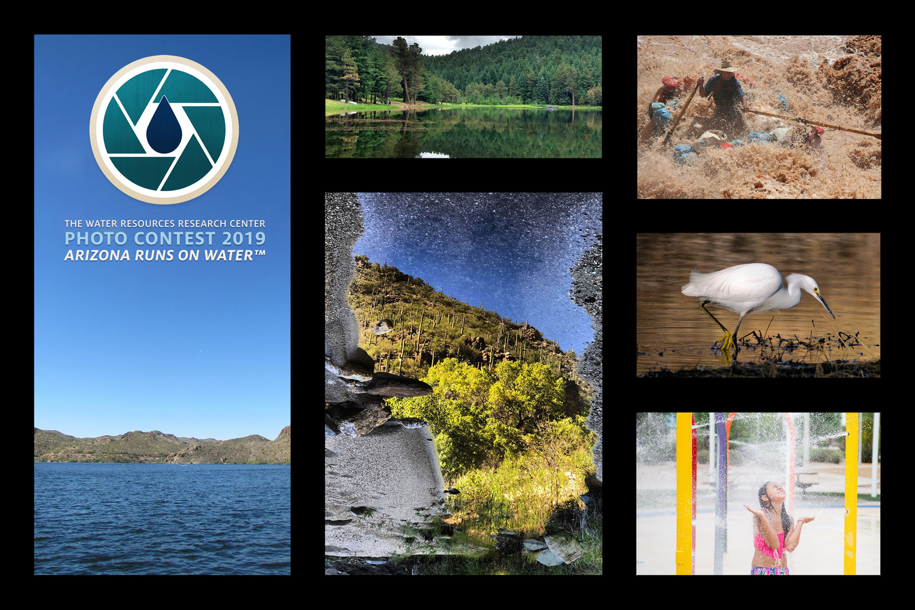 Arizona Water: Desert lake; Riggs Lake Mt. Graham; Lava; Egret; Goodyear Community Park Splash Pad; Reflection in Standing Water Adjacent to Sabino Creek