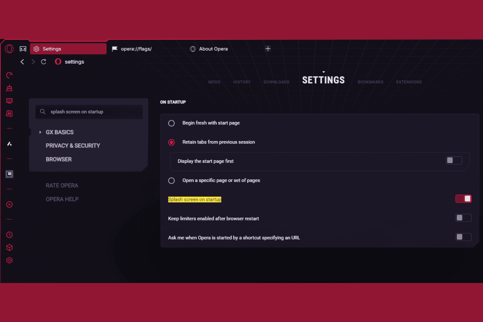 How to disable Opera GX splash screen